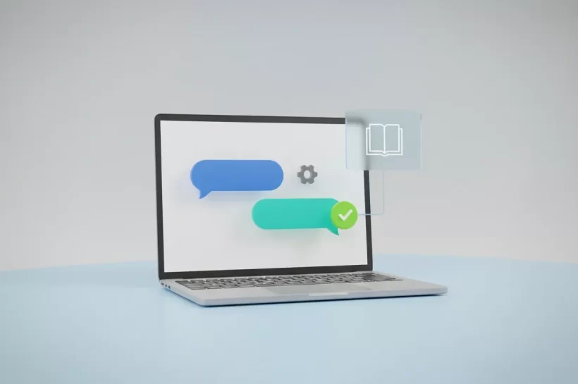 Minimalist 3D laptop showing a live chat interface with chat bubbles, a gear icon, and a green checkmark on a soft gradient background.