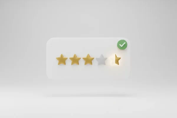 Minimalist review card with five stars; a gray star turns gold and a green checkmark badge signals a resolved negative review.